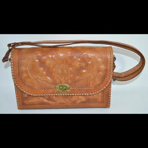 Leather Tooled Purse Convertible Shoulder Strap Brown